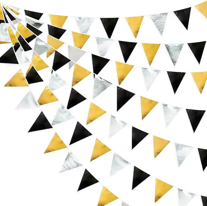 Black Gold Silver Party Decoration Triangle Pennant Banner Flag Metallic Fabric Bunting Garland for Birthday Graduation Anniversary Wedding Bridal Shower Bachelorette Engagement Disco Party Supplies by GreenHaven Gardens