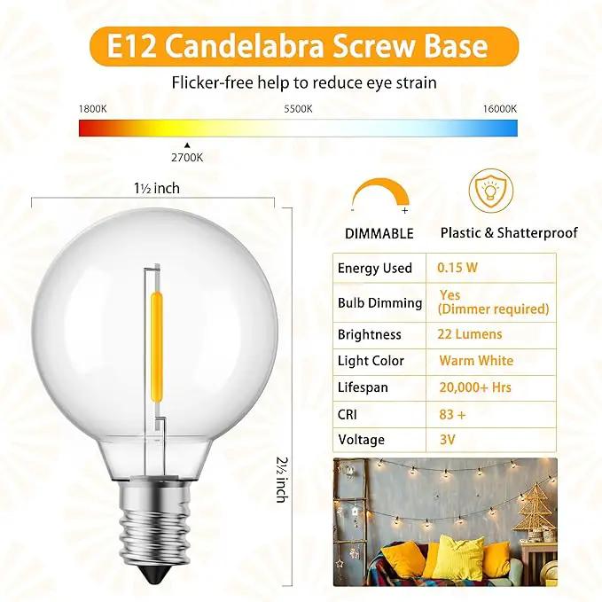 Brightown G40 Solar Replacement Bulbs, E12/C7 Candelabra Screw Base, 3V, 0.15W, 1.5 Inch Shatterproof Globe LED Bulbs Only for Solar Outdoor String Lights, 2700K, Dimmable, Warm White, 25 Pack by GreenHaven Gardens