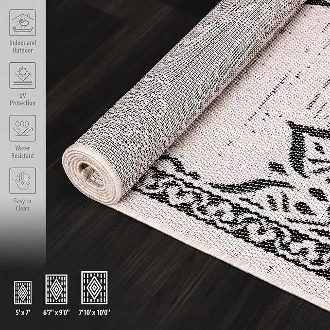 CAMILSON Outdoor Rug, 5x7 Medallion White Black Modern Area Rugs for Indoor and Outdoor Patios, Kitchen and Hallway Mats, Washable Porch Deck Outside Carpet (Medallion White, 5 x 7) by GreenHaven Gardens