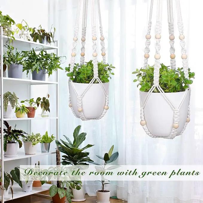 YIBOT 2 Pack Macrame Plant Hanger Indoor Hanging Planter Basket with Wood Beads Decorative Flower Pot Holder No Tassels for Indoor Outdoor Boho Home Decor-35 Inch by GreenHaven Gardens
