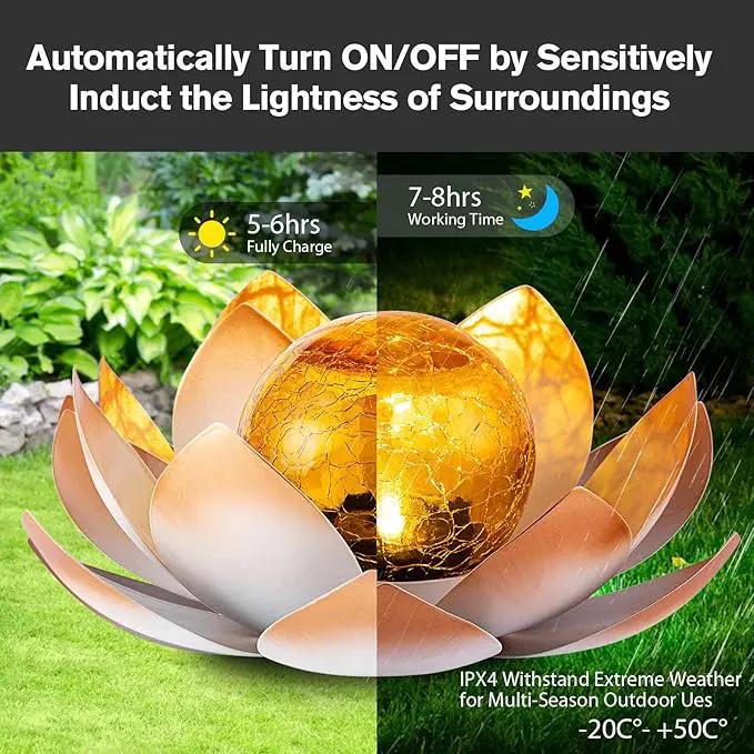 Huaxu Solar Lights Outdoor Garden Decorative Art Metal Lotus Cracked Glass Ball Waterproof Decorations for Pathway Lawn Patio Yard Ground Tabletop Gifts by GreenHaven Gardens