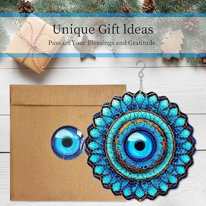 3D Wind Spinner Mandala 10 Inch Evil Eye Stainless Steel Wind Sculpture Blue Hanging Ornament Laser Cut Metal Art for Indoor Outdoor Garden Decoration Protective Amulet for Home and Yard by GreenHaven Gardens