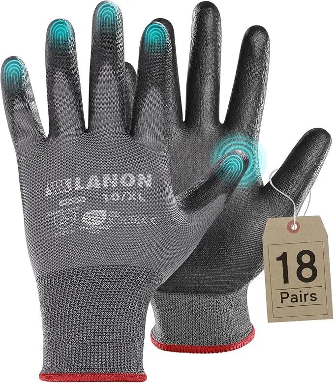 LANON 18 Pairs Safety Work Gloves, Mechanic Working Gloves for Men,Breathable PU Coated, Seamless Knit,Double Wash, Grey, X-Large by GreenHaven Gardens