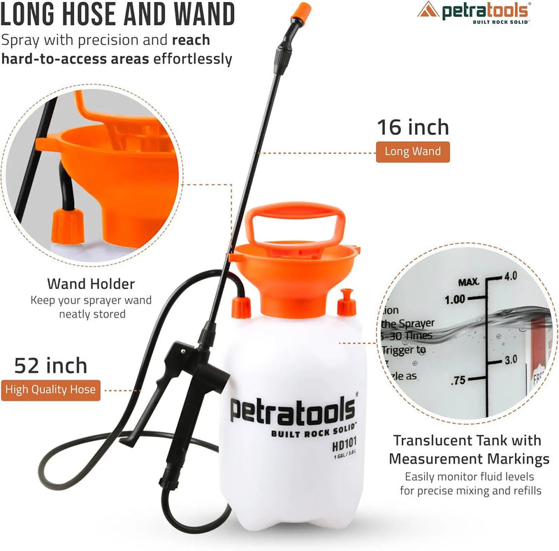 Petratools 1 Gallon Pump Sprayer – HD101 Garden Sprayer for Weeds, Lawn Care & Pesticides – 52” Long Hose, 2 Nozzles & Easy Carry Handle – Durable & Lightweight by GreenHaven Gardens