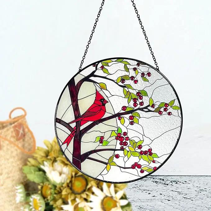 Stained Glass Window Hanging Sun Catcher 7.8”- Cardinal in Full Moon Stained Glass Suncatcher, Red Berry Tree, Nature, Indoor Decor, Wall Art, Gifts for Women by GreenHaven Gardens