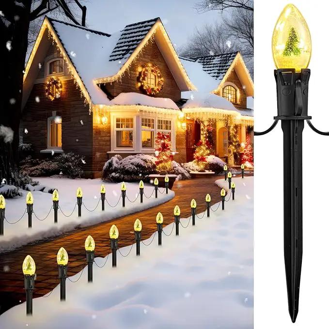 C9 Christmas Pathway Lights Outdoor, 25Ft 20 LED Christmas String Lights with Stakes, 3 Light Modes, Waterproof Connectable Christmas Decorations for Outside Lawn Yard Sidewalk Driveway, Warm White by GreenHaven Gardens