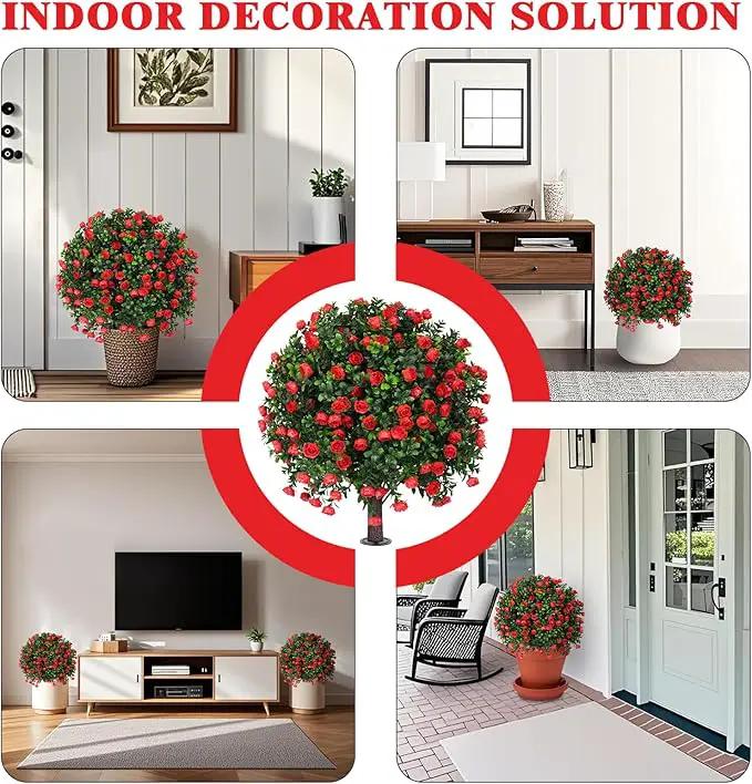 Artificial Boxwood Topiary Tree with Rose, Set of 2 Artificial Shrub Bushes with Ground Spike, Fake Evergreen Tree for Porch, Artificial Plants for Outdoor Planters Indoor UV Resistant by GreenHaven Gardens