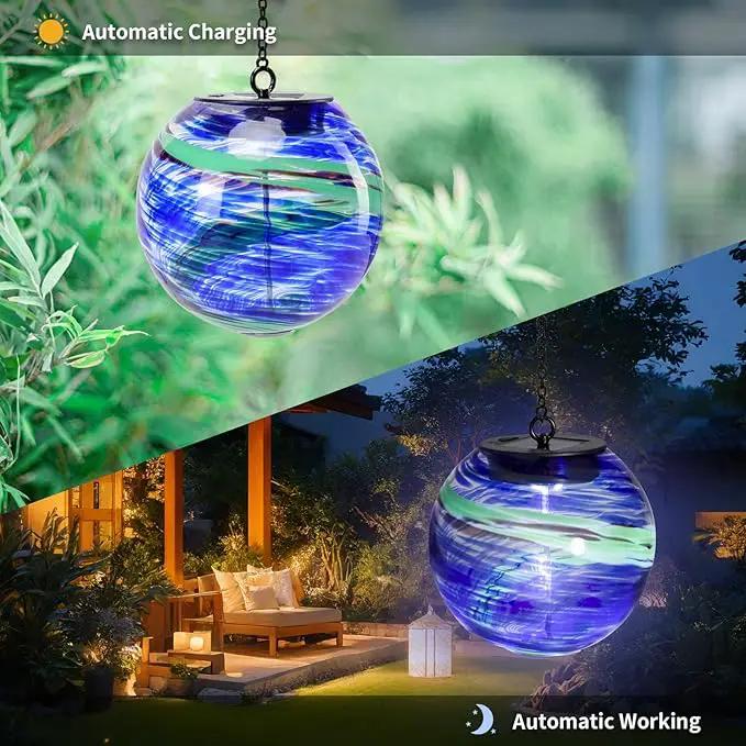 VCUTEKA Solar Chandelier Outdoor, Hanging Glass Solar Light with Hook Up, Garden Lanterns Decor for Yard, Tree and Patio, Blue Green by GreenHaven Gardens