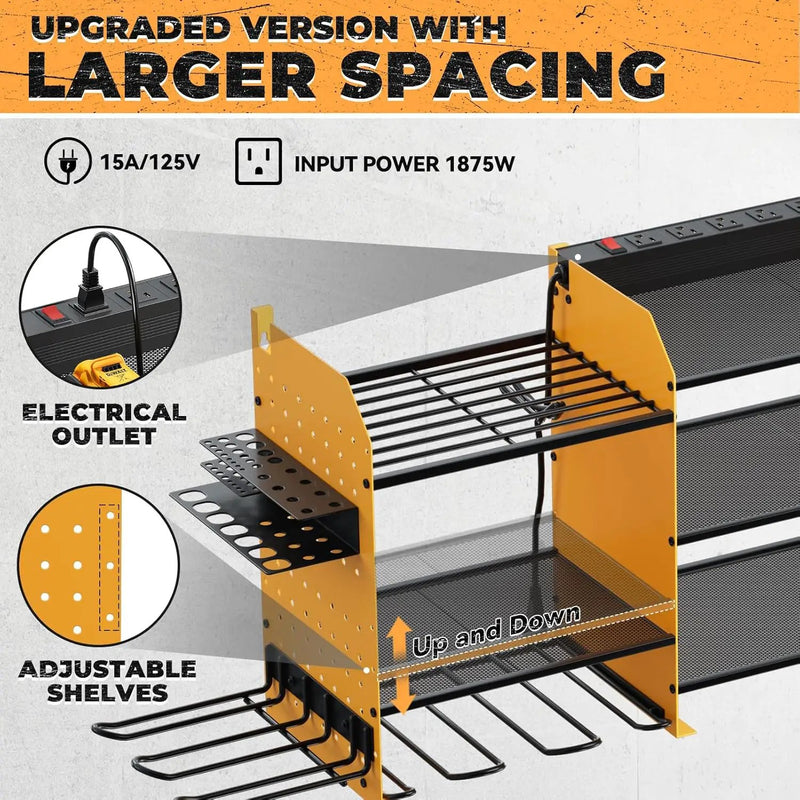 Upgrade Large Power Tool Organizer Wall Mount with Charging Station Tool Storage Rack with 6.5FT Power Strip 10 Drill Holder and Storage Rack for Garage Organization by GreenHaven Gardens