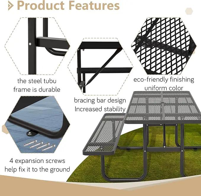 72'' Steel Rectangular Picnic Table for Outdoors, Expanded, Lifetime Picnic Table with Umbrella Hole, Heavy Duty Sturdy Commercial Picnic Tables for Garden Courtyard BBQ, Black by GreenHaven Gardens