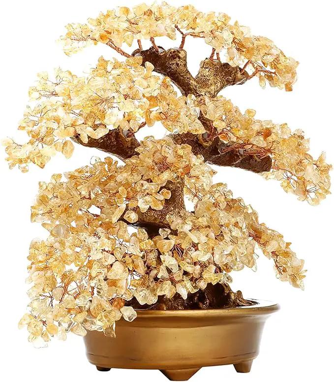 Feng Shui Money Tree Large Pine Tree Style Crystal Quartz Lucky Tree Gem Tree for Office Home Feng Shui Decoration for Wealth/Fortune and Luck (Yellow) by GreenHaven Gardens