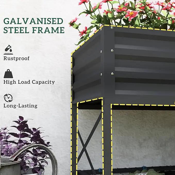 Outsunny Raised Garden Bed with Galvanized Steel Frame, Storage Shelf and Bed Liner, Elevated Planter Box with Legs for Vegetables, Flowers, Herbs, Dark Gray by GreenHaven Gardens