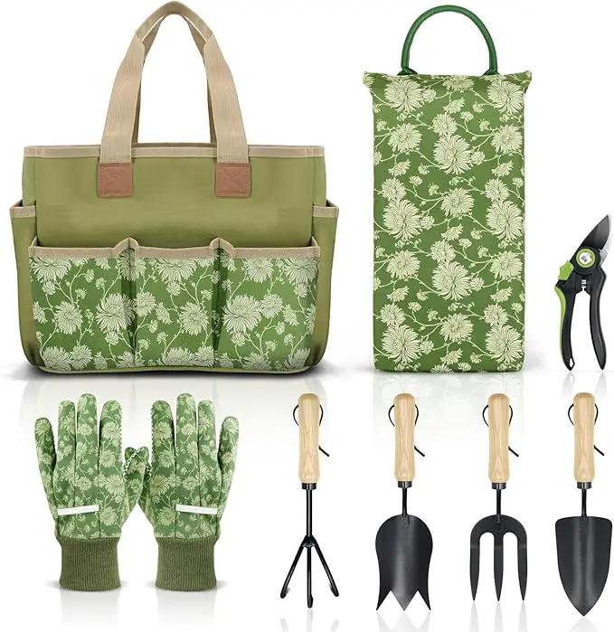 Colwelt Garden Tools Set, 8 Piece, Heavy Duty Gardening Tools with Wooden Handle, Including Garden Tote, Kneeling Pad, Gloves, Pruner, Trowel, Tulip Trowel, Cultivator - Gardening Gifts for Women Men by GreenHaven Gardens