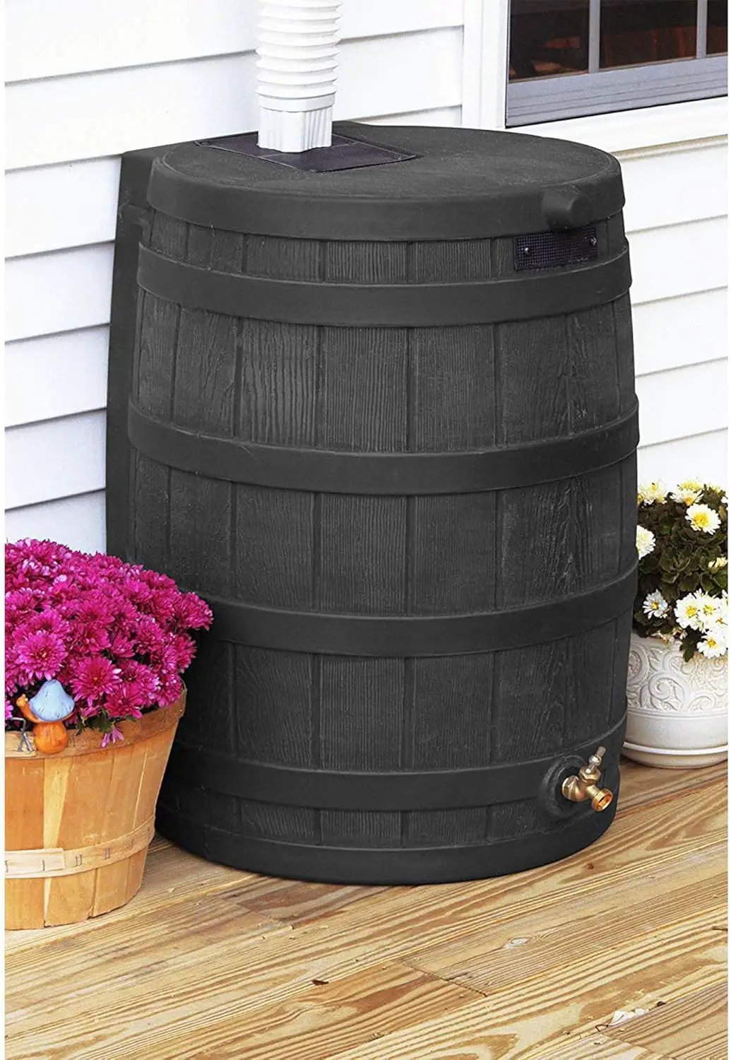 Good Ideas Rain Wizard 50 Gallon Plastic Outdoor Home Rain Barrel Water Storage Collector with Brass Spigot and Flat Back Design, Black (4 Pack) by GreenHaven Gardens