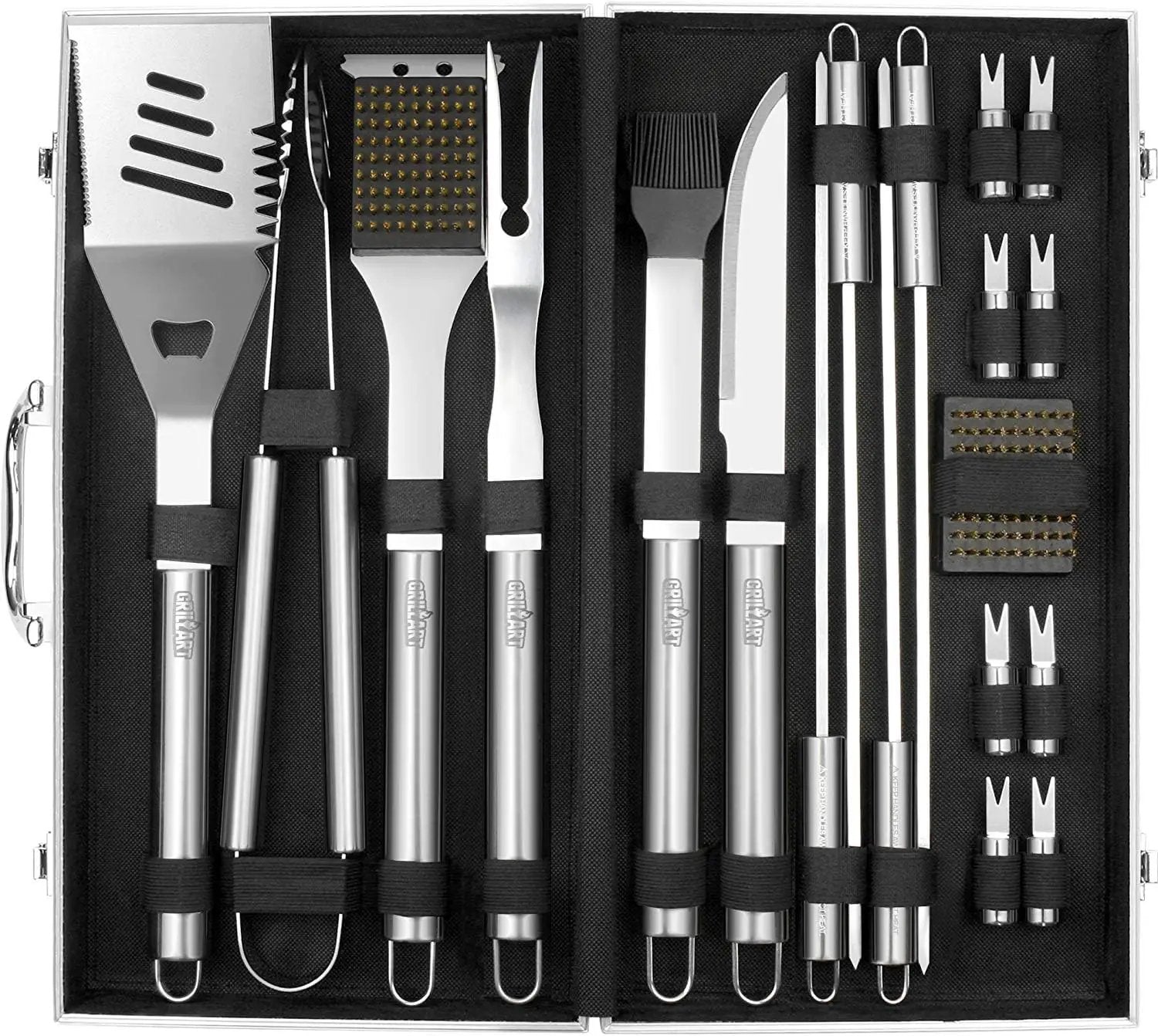 GRILLART BBQ Grill Utensil Tools Set Reinforced BBQ Tongs 19-Piece Stainless-Steel Barbecue Grilling Accessories w/Aluminum Storage Case -Complete Outdoor Grill Kit for Dad, Birthday Gift for Man Dad by GreenHaven Gardens