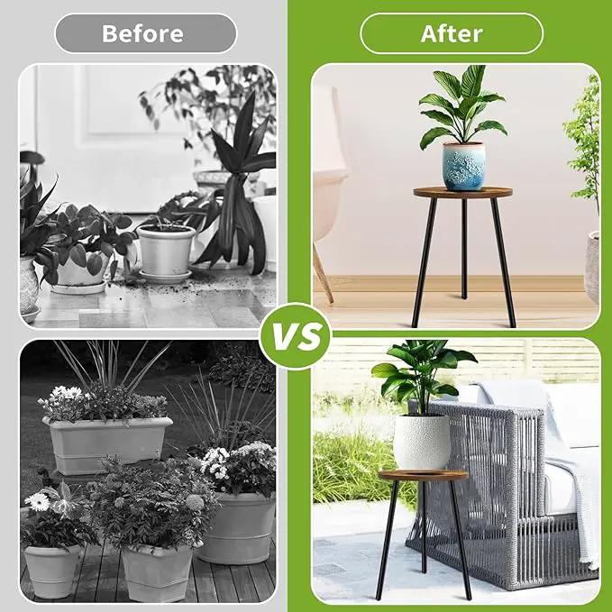 Plant Stand Indoor, Modern Plant Stands for Indoor Plants, Single Flower Stand with Round Wooden Board for Living Room, Balcony, Deck by GreenHaven Gardens