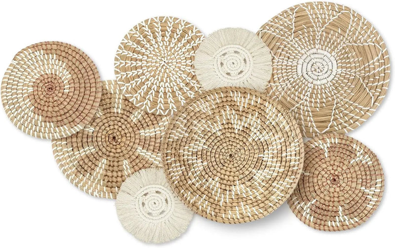 Xuhal Set of 8 Hanging Woven Wall Basket Handmade Decorative Rustic Boho Basket Decor Handcrafted Wicker Round Seagrass Wall Art for Home Kitchen Farmhouse Table Living Room(Classic) by GreenHaven Gardens