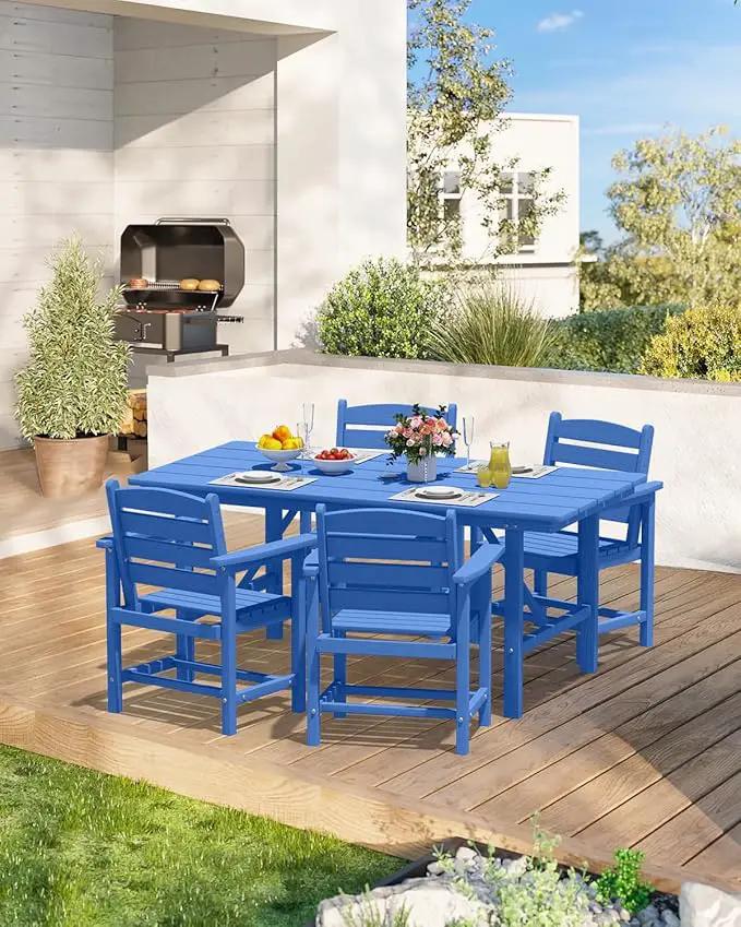 Patio Dining Set for 4 with Umbrella Hole - 66" Outdoor Table & 4 Chairs, All-Weather HDPE Outdoor Furniture for Lawn, Garden, Backyard, Poolside, Navy by GreenHaven Gardens