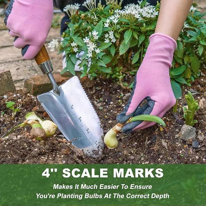 Haliaeetus Garden Trowel with Serrated Edge, 4'' Depth Marks Planting Shovel, V-Shaped Sharp Edge Garden Shovel, Stainless Steel Hand Shovel with Comfortable Wood Handle for Planting and Weeding by GreenHaven Gardens
