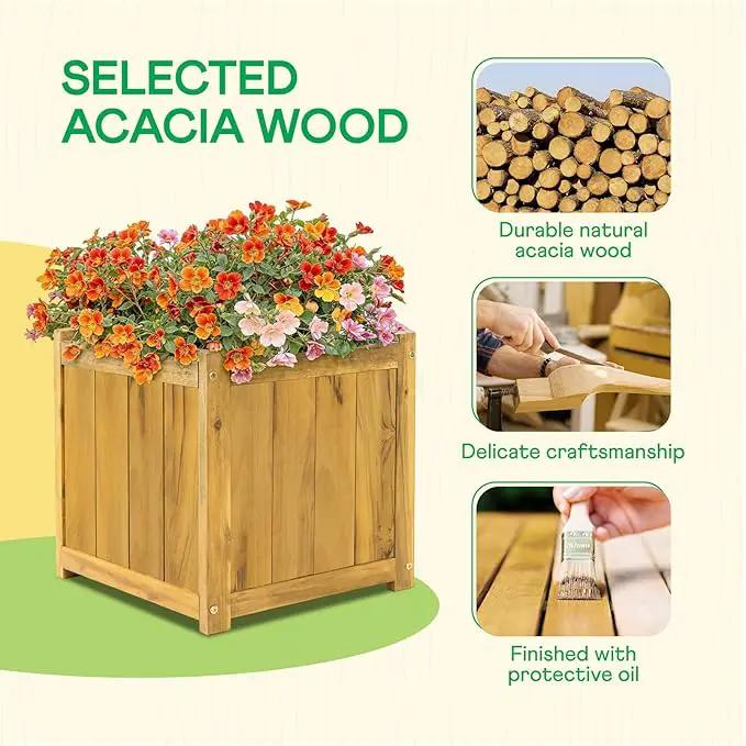 IDZO Acacia Wood Flower Planter Box for Outdoor Plants, 1pc Wooden Raised Garden Bed with Handles, Drainage Holes, Ideal for Garden and Home Décor, Golden Teak by GreenHaven Gardens
