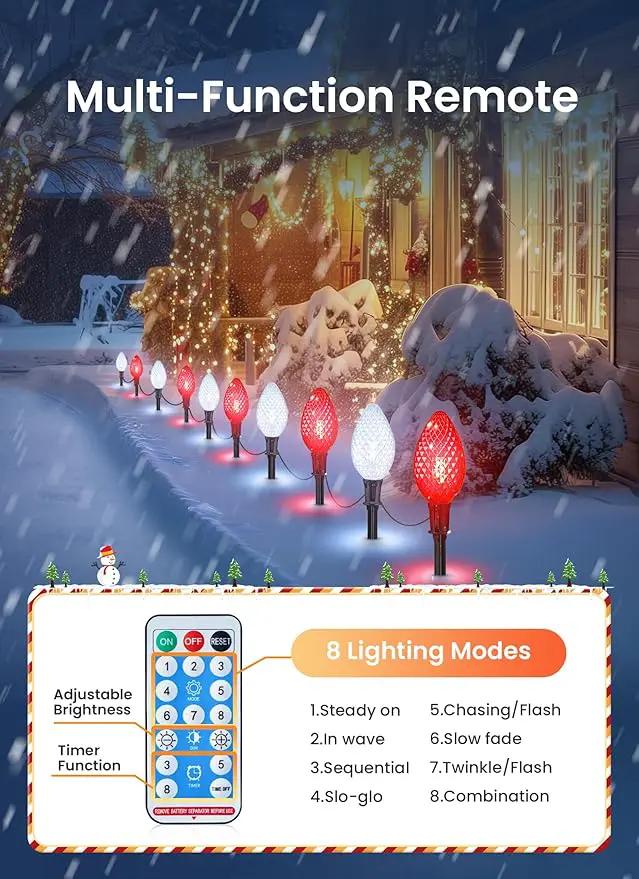 Minetom Solar Double C9 Strawberry Pathway Lights - 16FT 10 LED C9 Christmas Lights with Timer, 8 Modes, Solar Christmas Outdoor Decorations for Lawn Outside Walkway, Red & White by GreenHaven Gardens