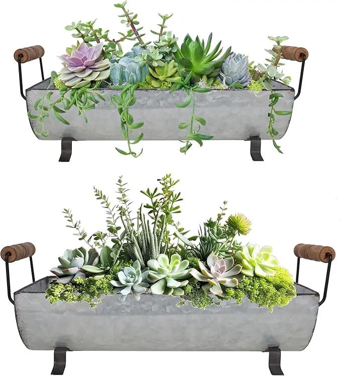 Galvanized Metal Trough Succulent Planter Farmhouse Metal Tray Rustic Tabletop Centerpiece Décor Set of 2 by GreenHaven Gardens