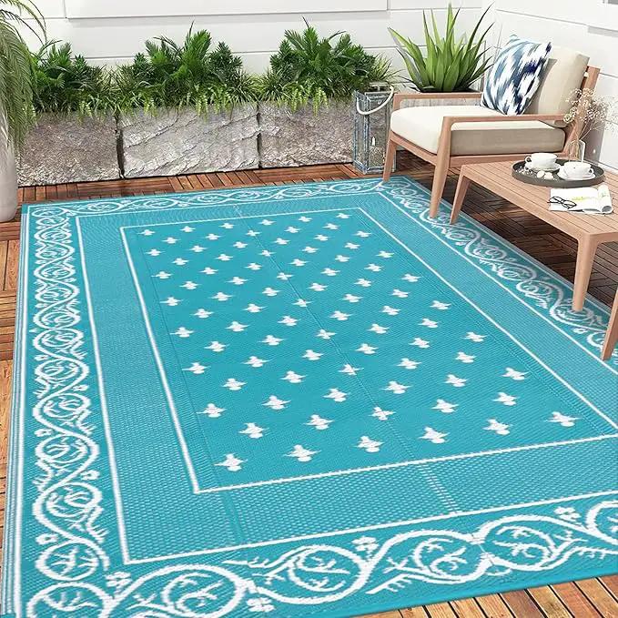 Pauwer Waterproof Outdoor Rug 8x10, Reversible Plastic Straw Patio Camping Rug, Indoor Outdoor RV Mat Carpet for Deck, Camper, Porch, Balcony, Backyard, Picnic, Bordered Teal by GreenHaven Gardens