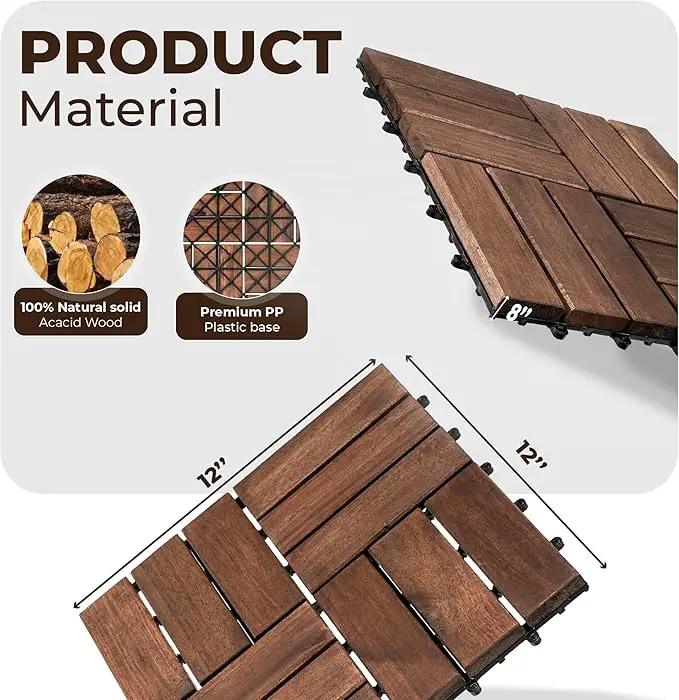 Pack of 10 Deck Tiles - 12"x12" Interlocking Natural Solid Acacia Wood for Outdoor & Indoor, Patio Garden, Balcony, Poolside - Dark Brown Color by GreenHaven Gardens