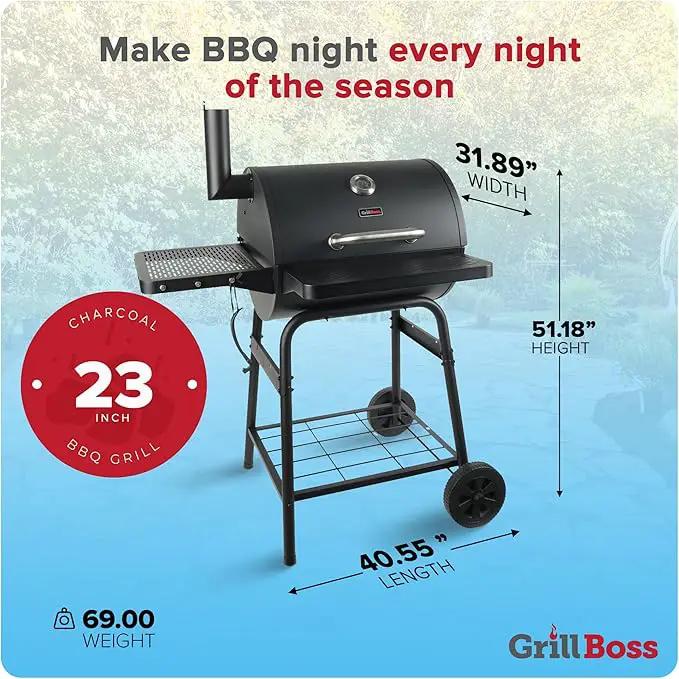 Grill Boss 23 Inch Charcoal Barrel Grill with Adjustable Grate, Large Cooking Area, Black by GreenHaven Gardens
