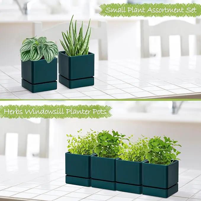 4 Inch Herb Planter Pot, Plastic Planter with Drainage Holes and Saucer, Modern Decorative Gardening Pot for Indoor Plants, Flowers, Herbs, Succulents, Green, Set of 4, 76-Y-C-4 by GreenHaven Gardens