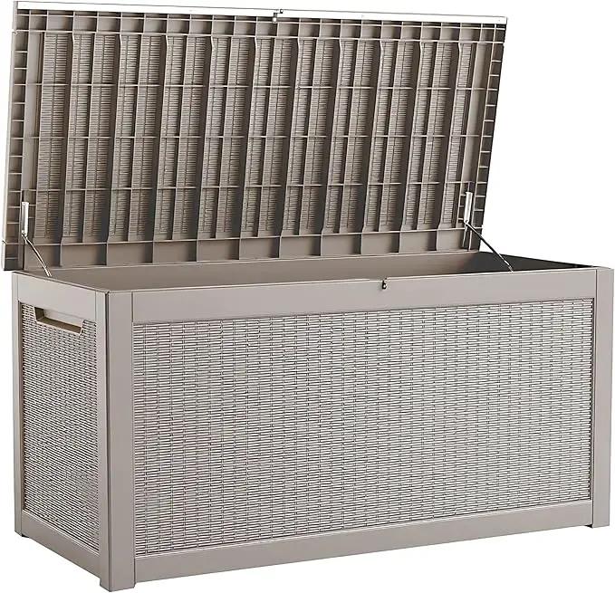 260 Gallon Storage Box, Waterproof Resin Deck Box with Steel Support & Hydraulic Rod, Lockable Storage Bench for Indoor & Outdoor Use, Storage Bin for Patio Cushions, Garden Tools, Grey by GreenHaven Gardens