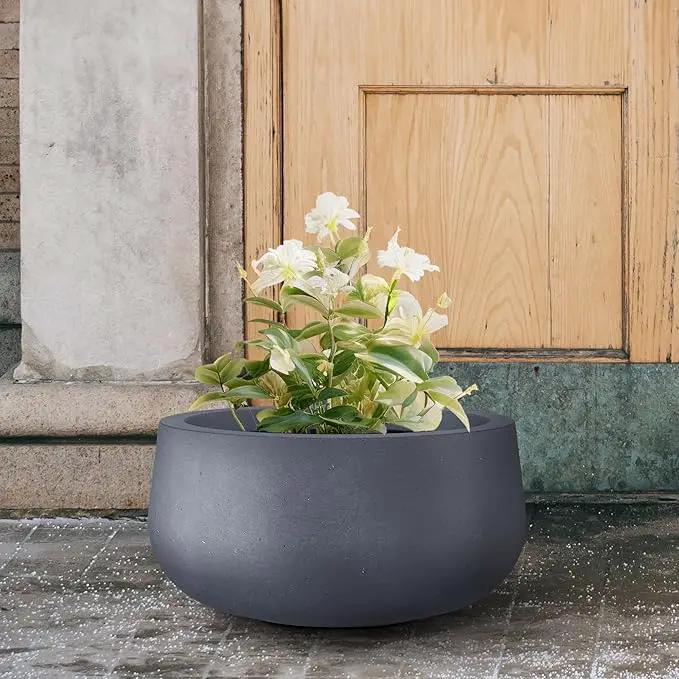 Kante 15.7" Dia Round Concrete Planter, Outdoor Indoor Garden Plant Pots with Drainage Hole and Rubber Plug, Modern Curvaceous Design, Charcoal by GreenHaven Gardens