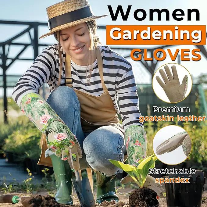 HANDLANDY Leather Gardening Gloves for Women, Thorn Proof Breathable Ladies Rose Pruning Garden Gauntlet Yard Gloves, Gift for Gardeners (Khaki, M) by GreenHaven Gardens