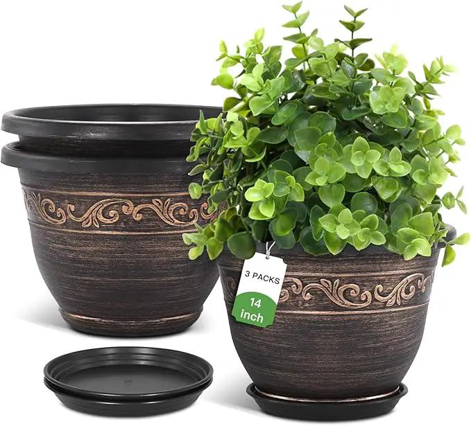 Plastic-Plant-Flower-Planters-14 Inch with Drainage Hole & Saucer, 3 Packs Lightweight Large Resin Flower Pot Indoor Outdoor, Retro Antique Imitation Decorative Garden Containers Sets for Houseplants by GreenHaven Gardens