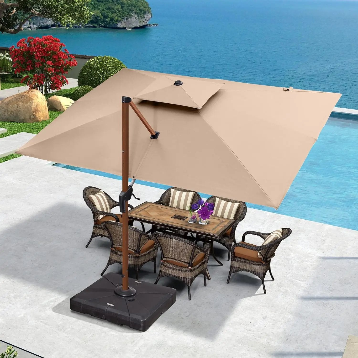 PURPLE LEAF 9' X 12' Double Top Deluxe Wood Pattern Rectangle Patio Umbrella Offset Hanging Umbrella Outdoor Market Umbrella Garden Umbrella, Beige by GreenHaven Gardens