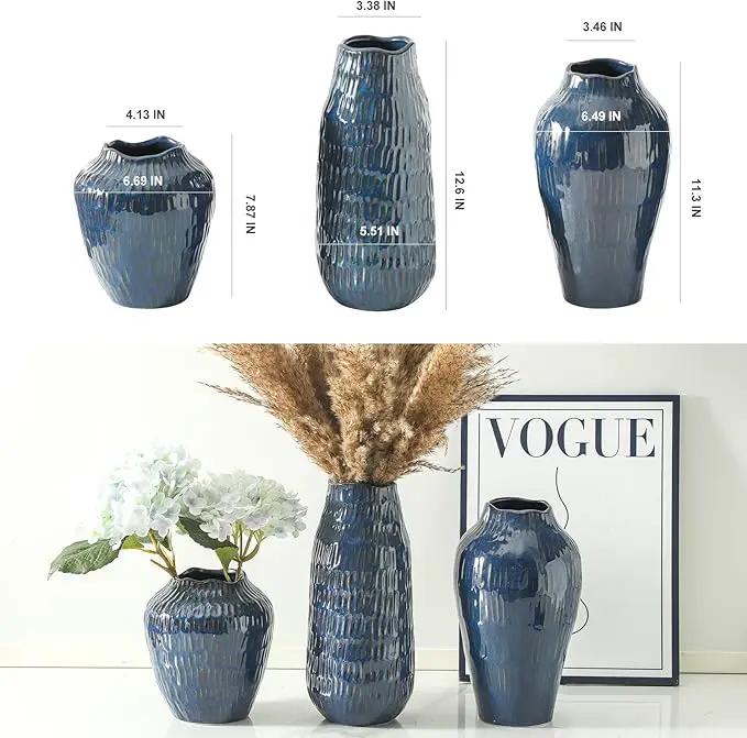 Blue Ceramic Vase for Home Decor, 12.6 Inch Tall Flower Vase with Modern Textured Finish,Decorative Floor Vase for Pampas Grass, Entryway, Living Room, Dining Table, Farmhouse or Office by GreenHaven Gardens