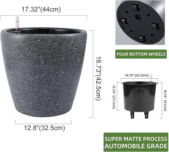 Dexceder 18x17 Self Watering Planter with Wheels Indoor Outdoor, Inner Pot Design, Thickened Large Floor Standing Flower Plant Pot with Water Level Indicator (Stone Matte) by GreenHaven Gardens