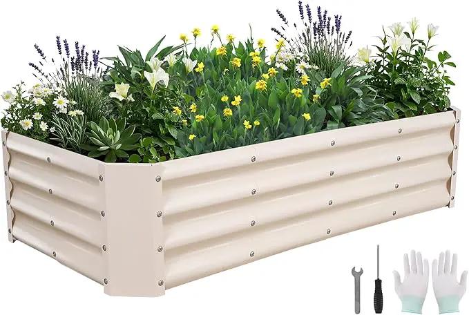 Galvanized Raised Garden Bed - 4x2x1ft Metal Garden Planter Box Outdoor | Steel Raised Bed Kit with Bracing Rods, Gloves for Gardening Vegetables Fruits and Flowers (White) by GreenHaven Gardens