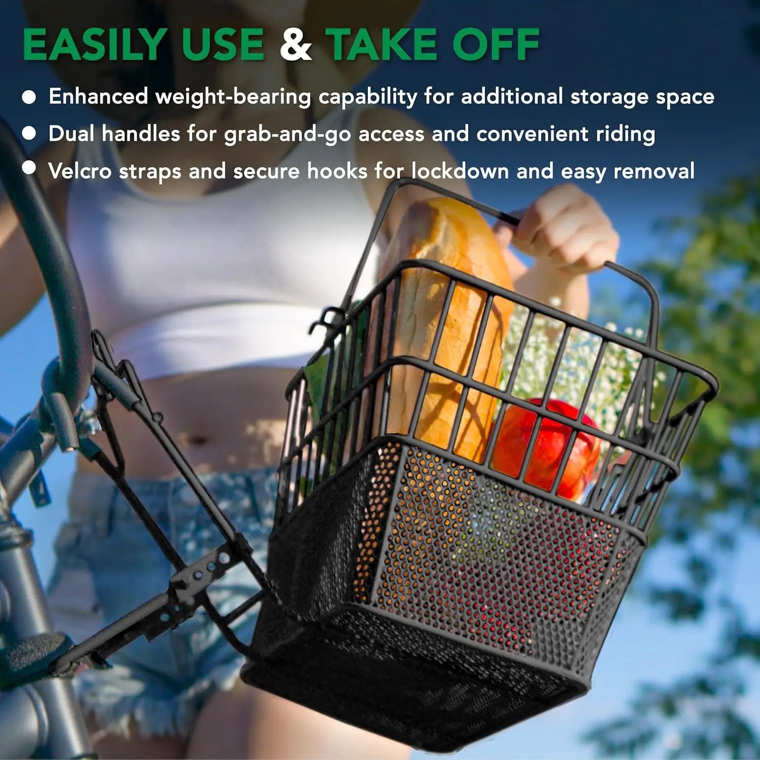 ProSource Wire Bike Basket Front for All Ages, Detachable Bicycle Front Basket with 15lbs Storage Capacity, Lightweight Steel Mesh Backing for Durable Daily Use, Black by GreenHaven Gardens