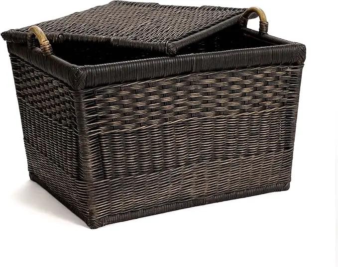 The Basket Lady Lift-Off Lid Wicker Storage Basket, Large, 24.5 in L x 18 in W x 17.5 in H, Antique Walnut Brown by GreenHaven Gardens