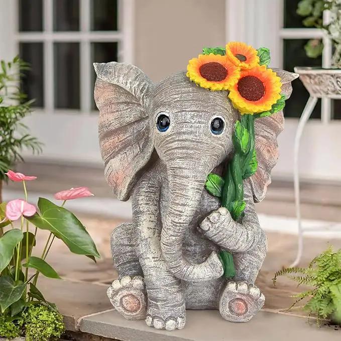 Outdoor Sculpture Figurine Statue Elephant Decor,Solar Garden Statues for Patio Home Yard Decor,Good Luck Sunflower Elephant for Women, Mom Gifts Housewarming Gift by GreenHaven Gardens