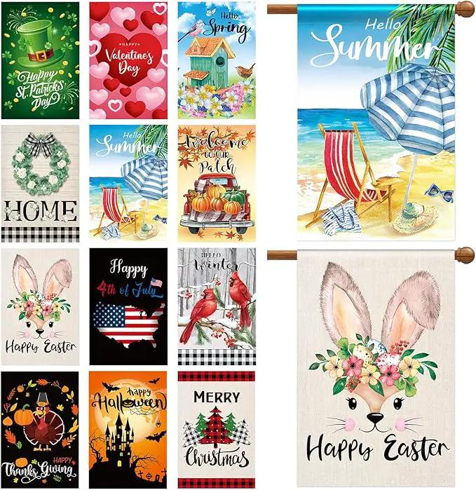 Mixweer 12 Pack 28 x 40" Large Seasonal Garden Flags for Outside Seasonal Lawn Yard Outdoor Flags Set Polyester Double Sided for Holiday Christmas Festive Decorations by GreenHaven Gardens