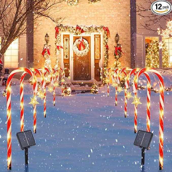 22" Candy Cane Lights Outdoor Pathway 2PK 12 PCS Candy Cane Christmas Decorations 8 Modes Solar Candy Cane Lights with Star Total 15FT Christmas Pathway Lights Outdoor for Xmas Yard Garden Walkway by GreenHaven Gardens