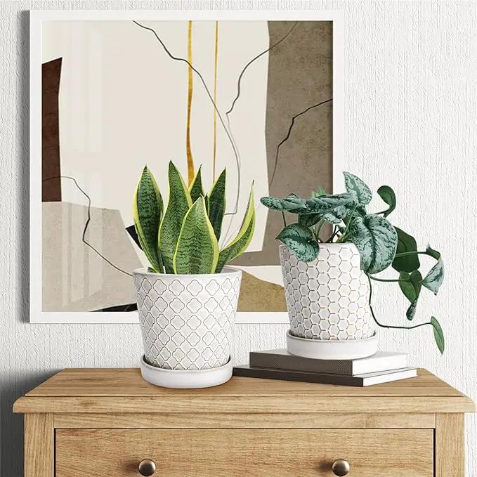 EFISPSS Ceramic Plant Pots Indoor, 5 Inch Planters with Drainage Holes and Ceramic Tray, Relief Design Flower Planter, Desktop Office Windowsill Decoration Gift Set of 4, White by GreenHaven Gardens