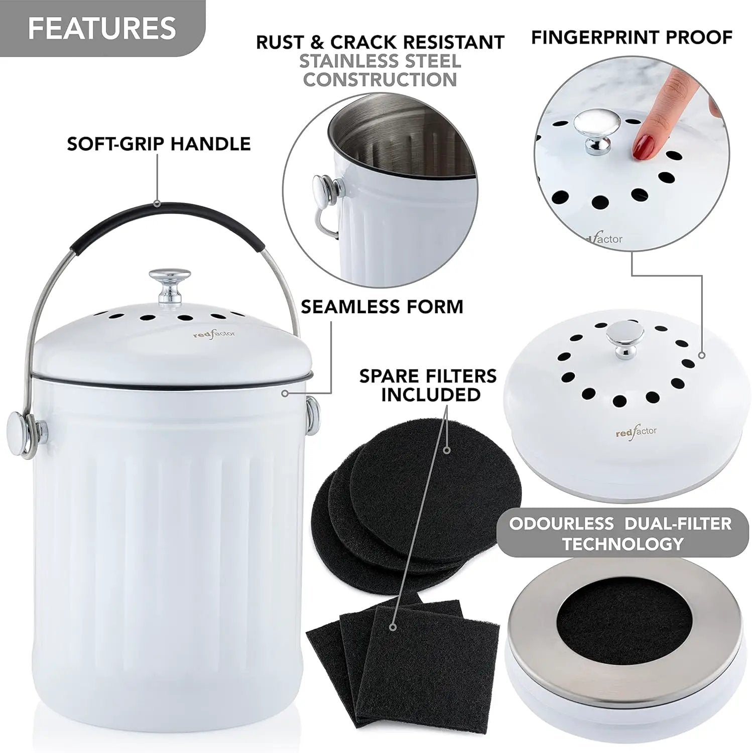 RED FACTOR Premium Compost Bin for Kitchen Countertop - Stainless Steel Food Waste Bucket with Innovative Dual Filter Technology - Includes Spare Filters (White, 1.3 Gallon) by GreenHaven Gardens