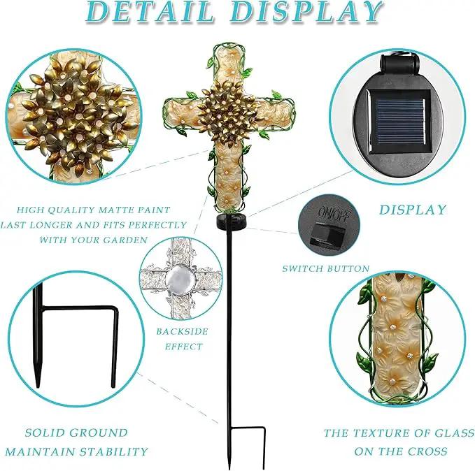 38inch Solar Cross Garden Lights Outdoor Decorative - Solar Metal&Glass Cross Apricot Hydrangea Flower Stake Lights- Waterproof 20 White LED for Remembrance Gifts & Sympathy Gifts by GreenHaven Gardens