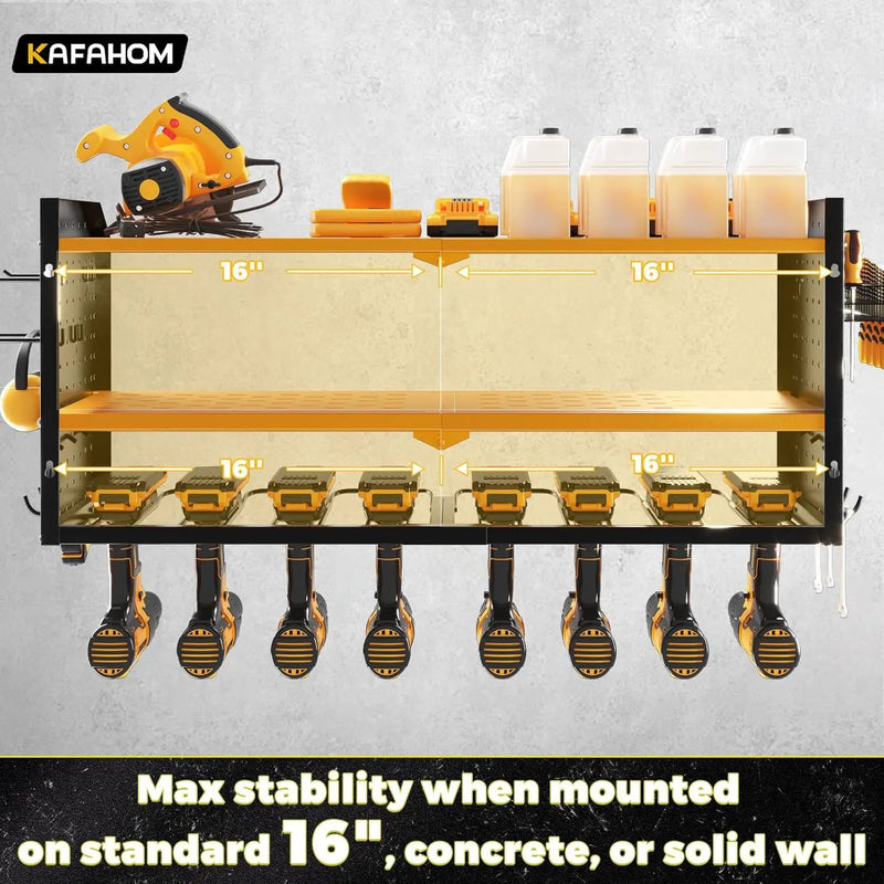 KAFAHOM Power Tool Organizer,Large 8 Drill Holder Wall Mount with 2 Side Pegboards,Metal Tool Shelf with 12 Hooks,Storage Rack for Garage Organization,Utility Cordless Drill Holder - Yellow by GreenHaven Gardens