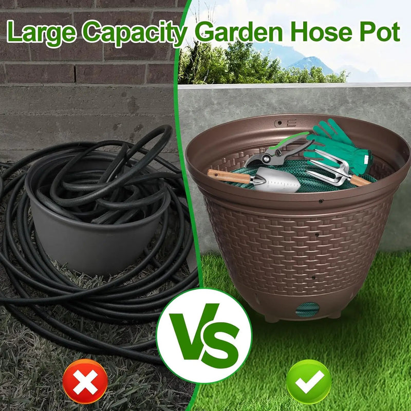 Riokko Garden Hose Holder Pot, Decorative Wicker Hose Holder, Water Hose Storage for Outside/Garage, Hose Box Fits 100-400 FT Hoses with 5 Drain Holes, Large Capacity & Assembly Required, Java by GreenHaven Gardens