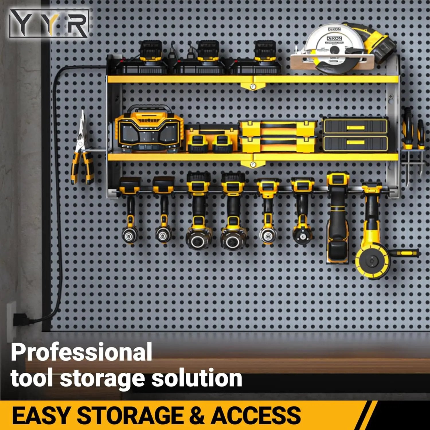 YYR Power Tool Organizer with Charging Station Wall Mount, Cordless Drill and Battery Holder for Garage Organization, Electric Tools Storage Rack Build in Surge Protection Power Strip - Yellow Shelf by GreenHaven Gardens