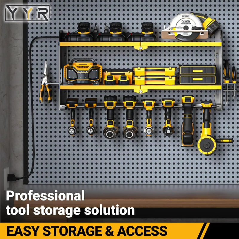 YYR Power Tool Organizer with Charging Station Wall Mount, Cordless Drill and Battery Holder for Garage Organization, Electric Tools Storage Rack Build in Surge Protection Power Strip - Yellow Shelf by GreenHaven Gardens